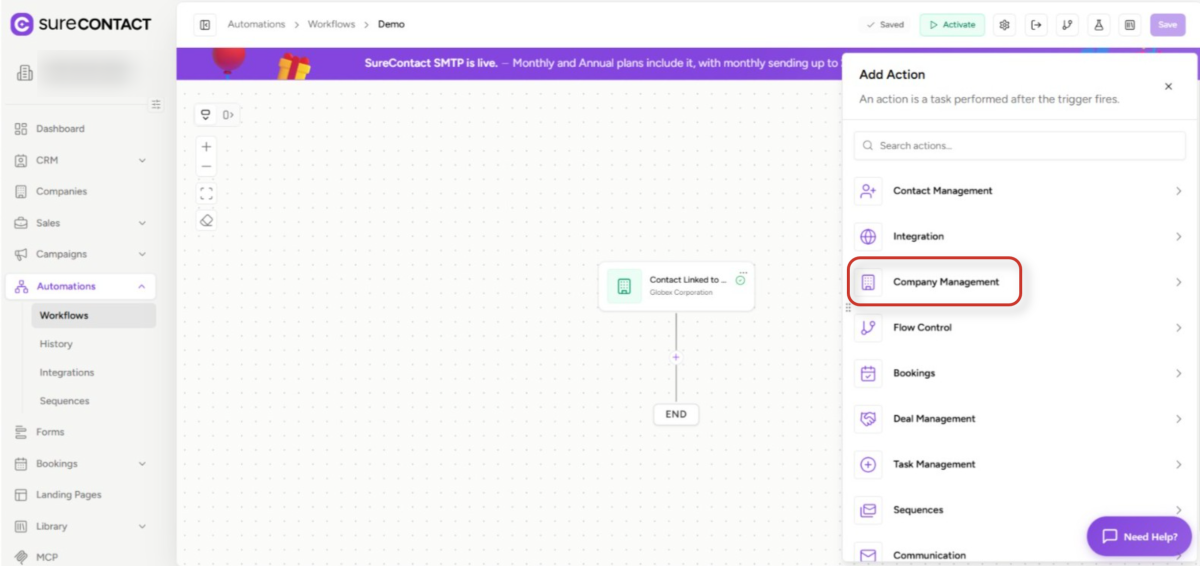 Companies Inside Automations - SureContact surecontact workflow builder add action sidebar
