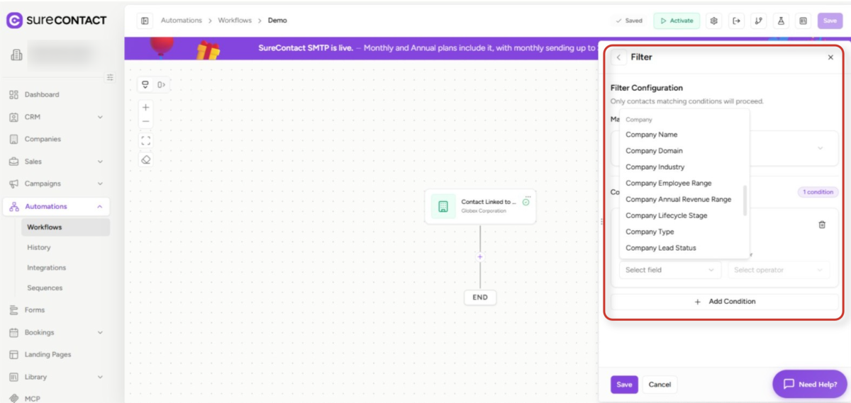 Companies Inside Automations - SureContact surecontact workflow filter configuration