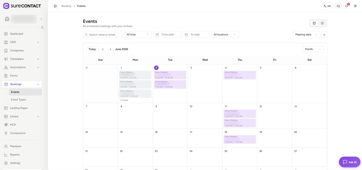 SureContact Bookings User Flow Guide surecontact events dashboard with monthly calendar view