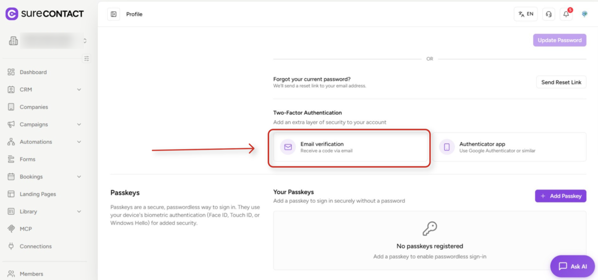 SureContact 2FA User Guide user profile security settings interface