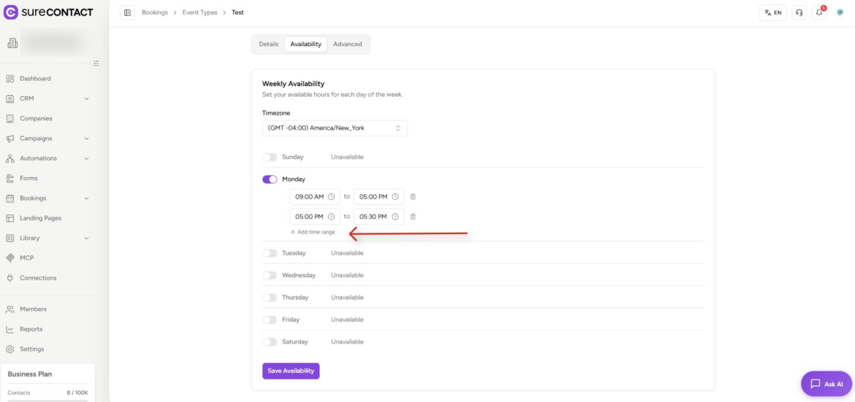 SureContact Bookings User Flow Guide weekly availability settings for a business application interface