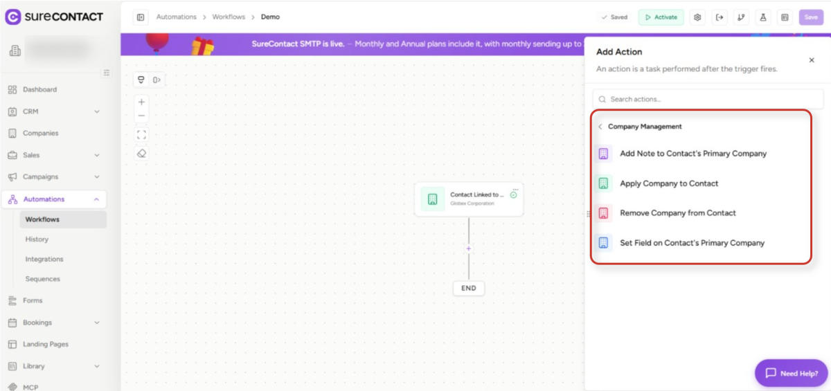 Companies Inside Automations - SureContact workflow automation platform interface with add action panel