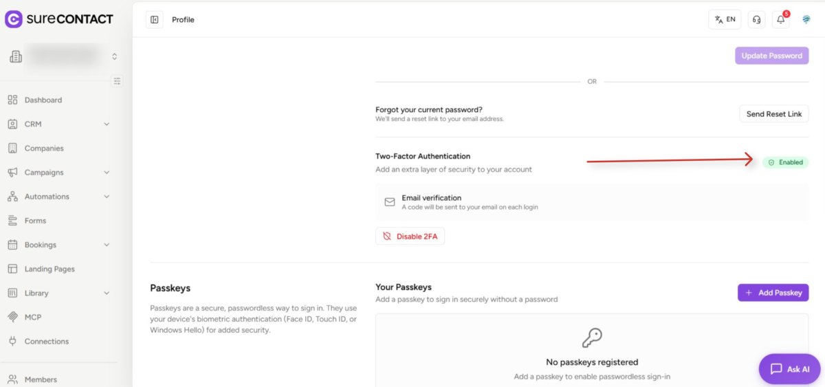 SureContact 2FA User Guide surecontact user profile security settings dashboard