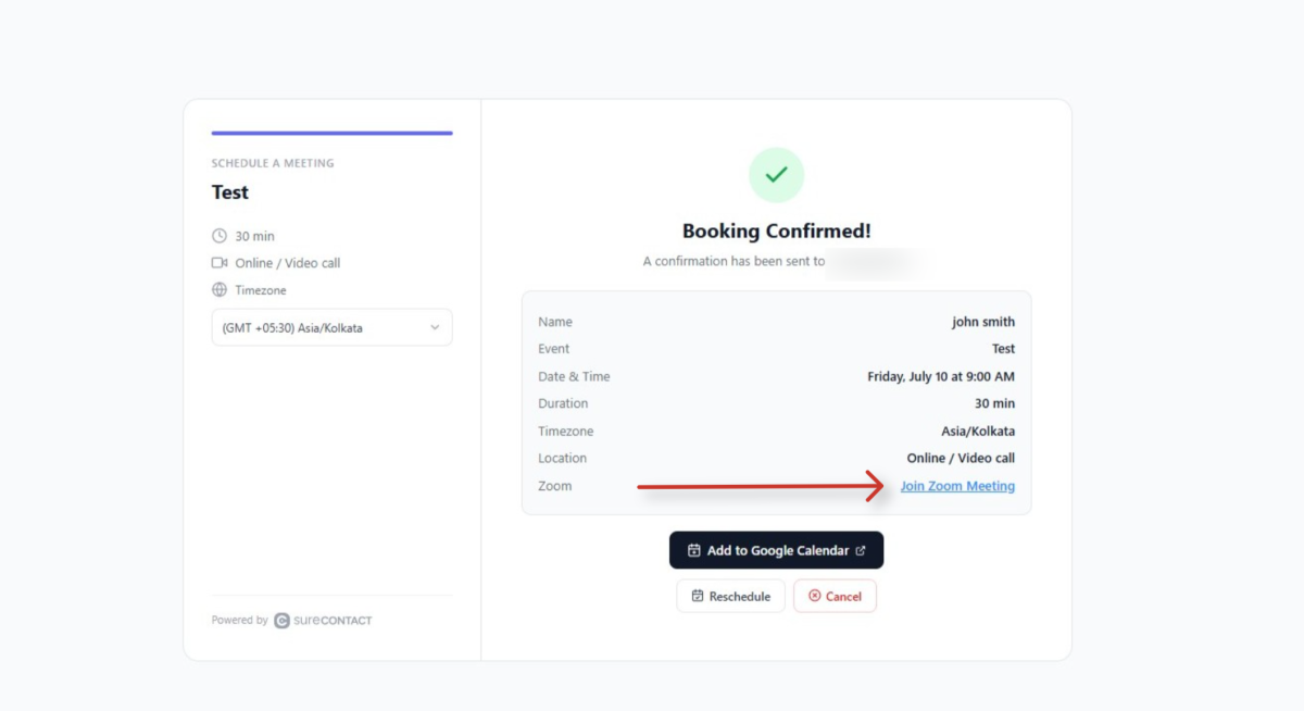 Zoom Integration with SureContact booking confirmation screen