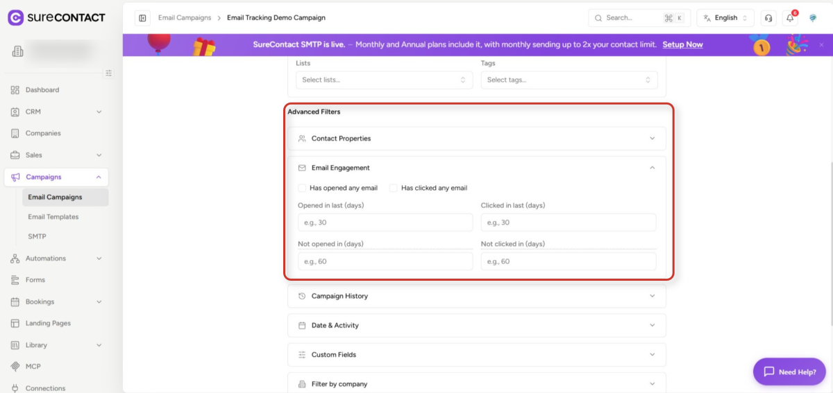 email campaign tracking and filter interface