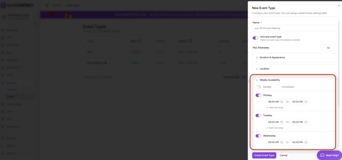 Group Booking User Flow Documentation interface for creating a new event type