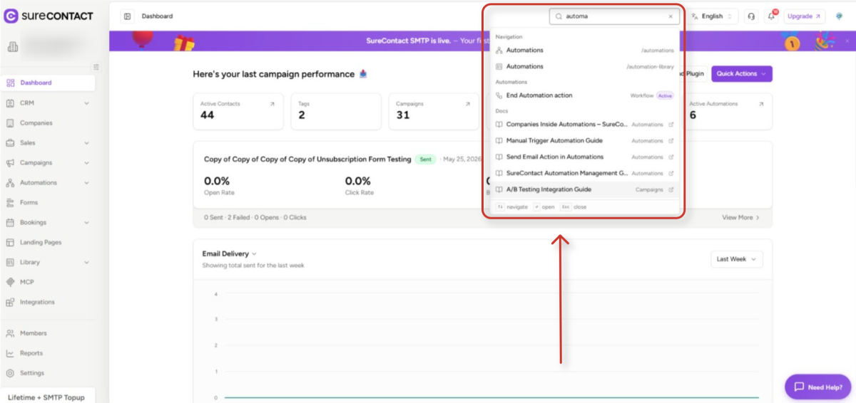 Global Search - User Flow Documentation marketing automation software dashboard with search results