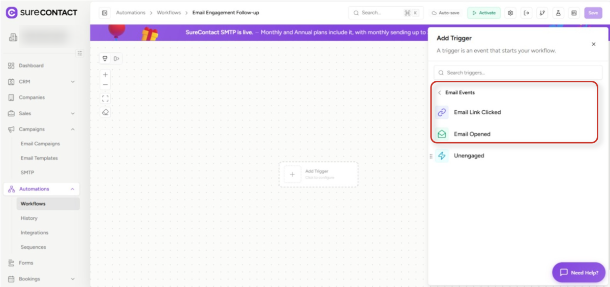 marketing automation workflow builder interface with add trigger menu