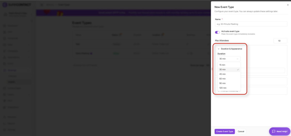 Group Booking User Flow Documentation new event type configuration panel