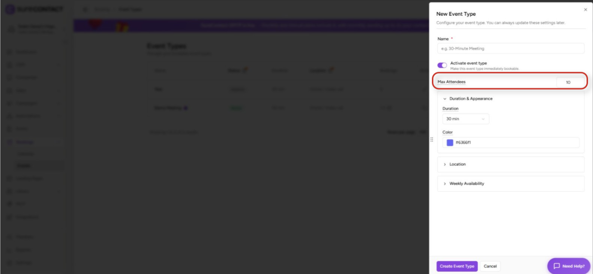 Group Booking User Flow Documentation new event type configuration window