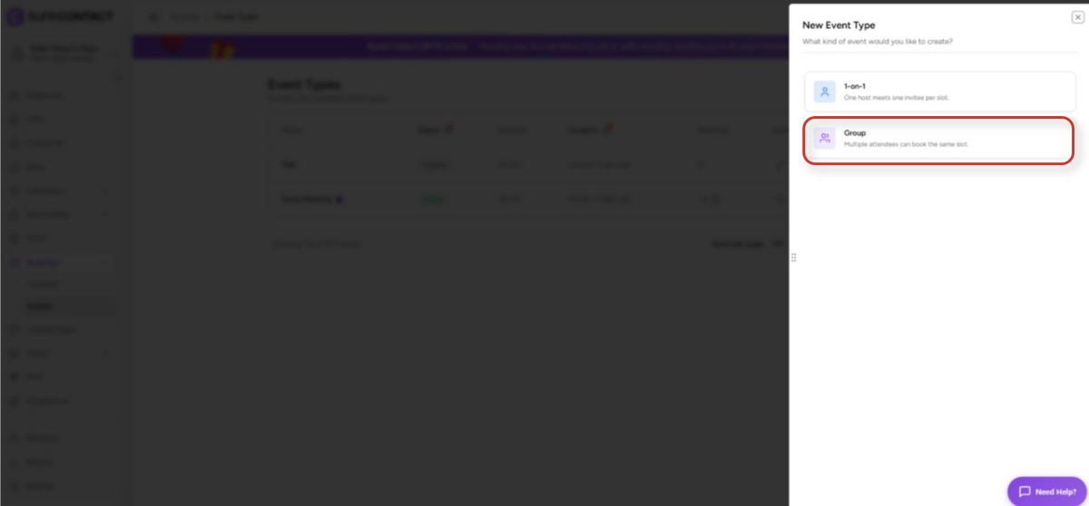 Group Booking User Flow Documentation new event type selection interface