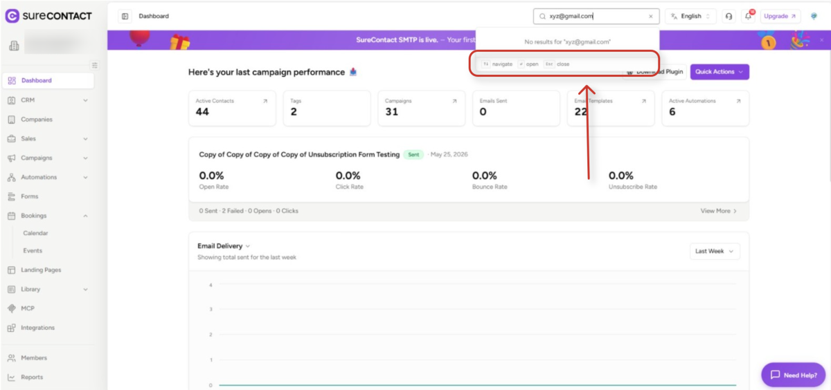 Global Search - User Flow Documentation surecontact email marketing dashboard displaying campaign performance and delivery metrics