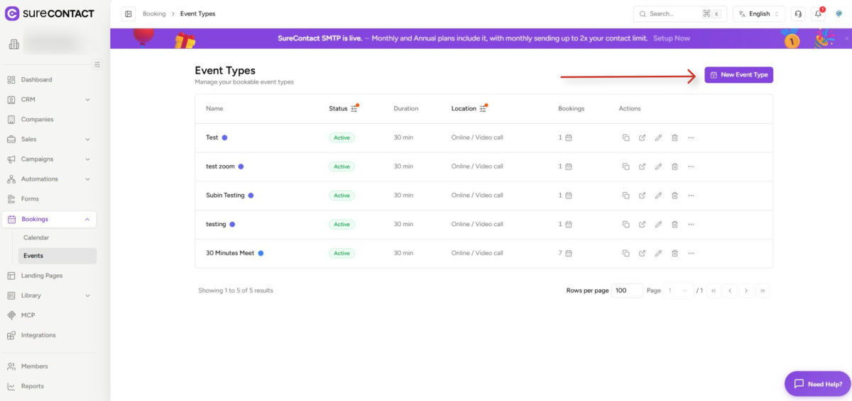 Zoom Integration with SureContact surecontact event types dashboard interface