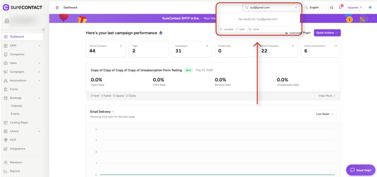 Global Search - User Flow Documentation surecontact campaign performance dashboard with email delivery metrics