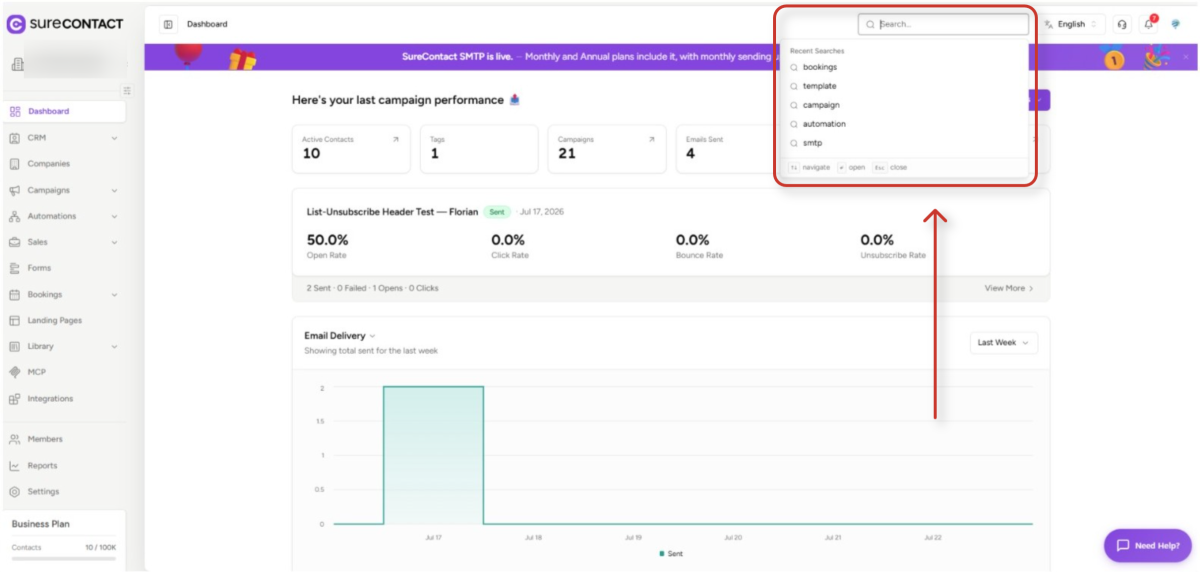 Global Search - User Flow Documentation surecontact dashboard displaying email campaign performance and delivery graph