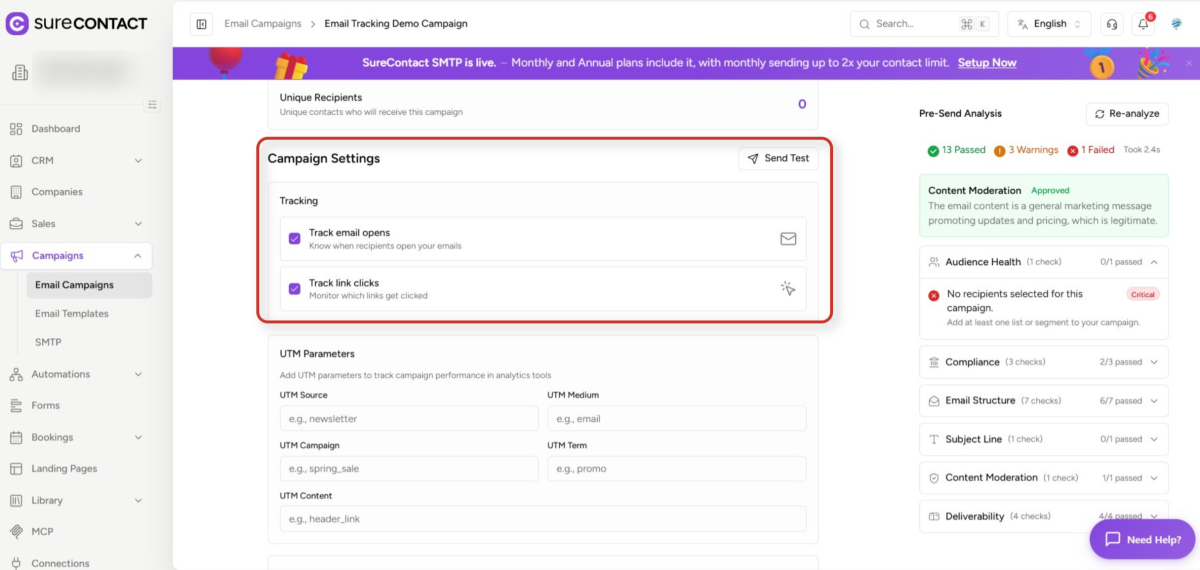 surecontact email campaign settings and analysis dashboard
