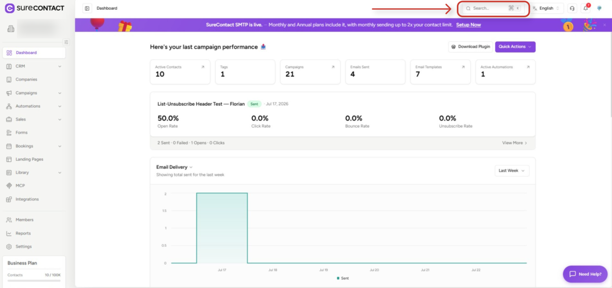Global Search - User Flow Documentation surecontact email marketing dashboard with campaign performance metrics