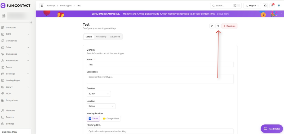 Zoom Integration with SureContact surecontact event type configuration dashboard