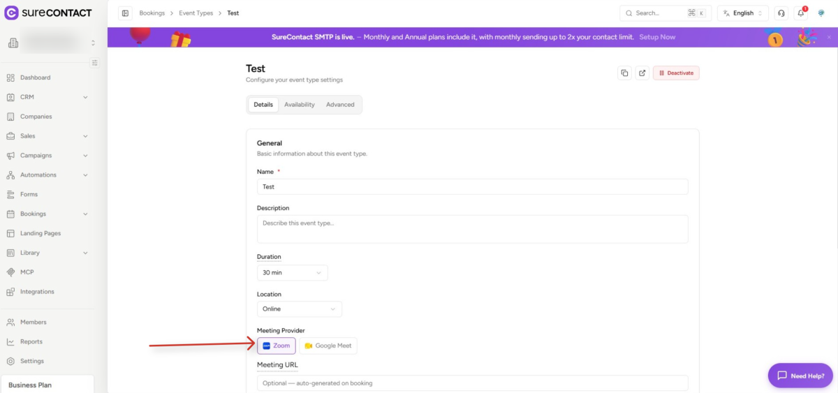 Zoom Integration with SureContact surecontact event type configuration page