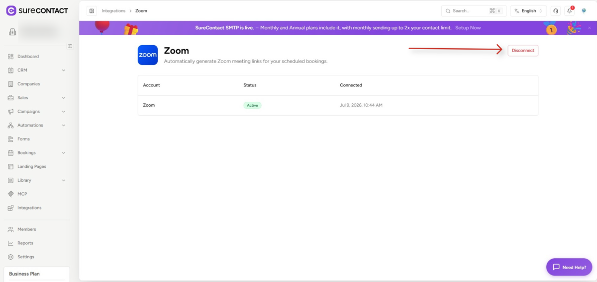 Zoom Integration with SureContact surecontact integrations page showing active zoom connection