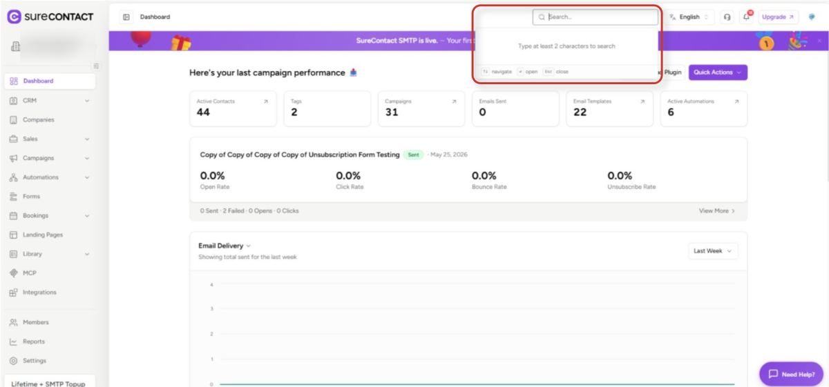Global Search - User Flow Documentation surecontact marketing dashboard interface