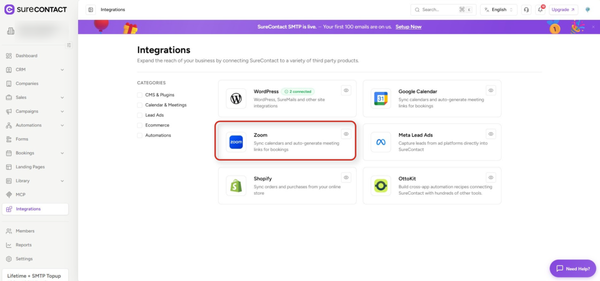 Zoom Integration with SureContact surecontact software integrations page