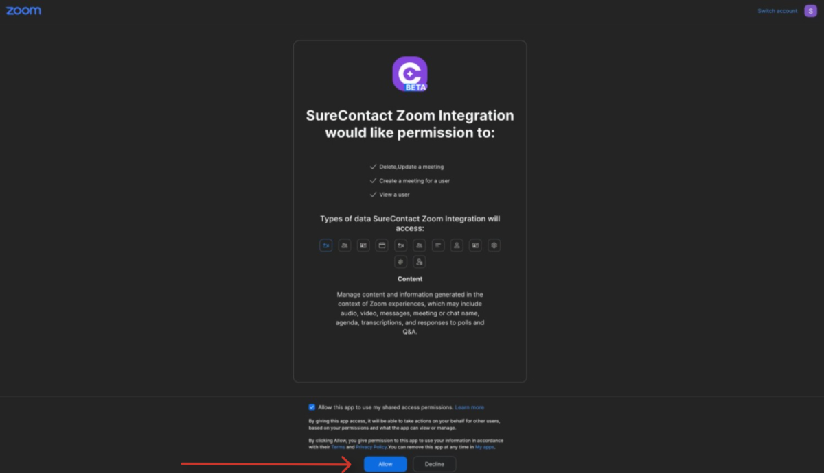 Zoom Integration with SureContact surecontact zoom integration permission request