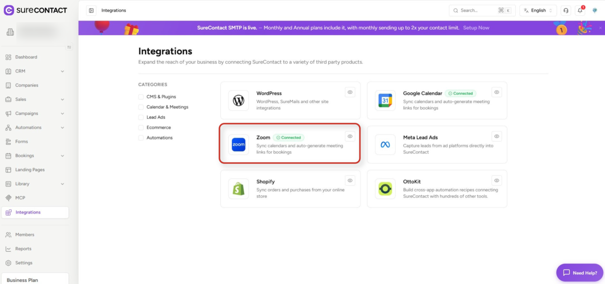 Zoom Integration with SureContact surecontact integrations page dashboard